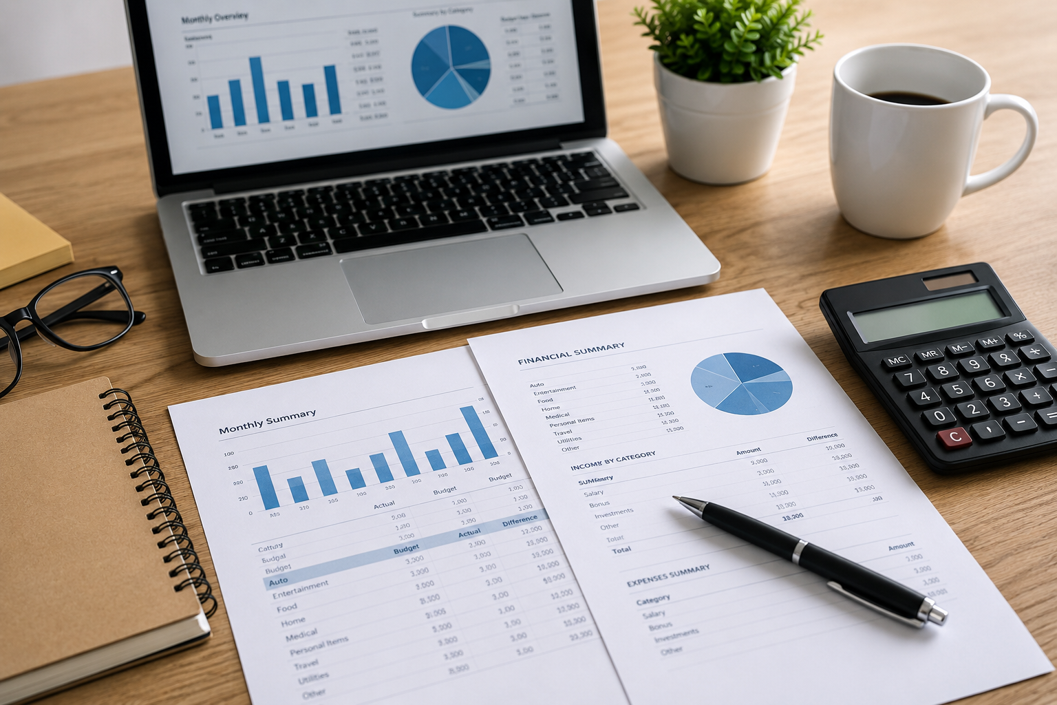 Financial documents, calculator and laptop on a desk